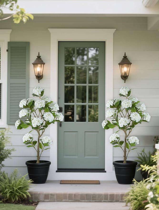 BLOSMON White Hydrangea Artificial Trees: 5ft Real Touch Faux Hydrangeas Flower Tree with Pot for Front Porch Planters Decoration Outdoor - Fake Silk Floral Plant for Home Patio Entrance Decor Indoor