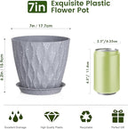 Meowell 7 inch Plant Pots for Indoor Outdoor Plants, 5 Pack Thick Flower Pots with Drainage Holes and Saucers, 3D Modern Wave Texture Plastic Planter Nursery Pots, Speckled Grey