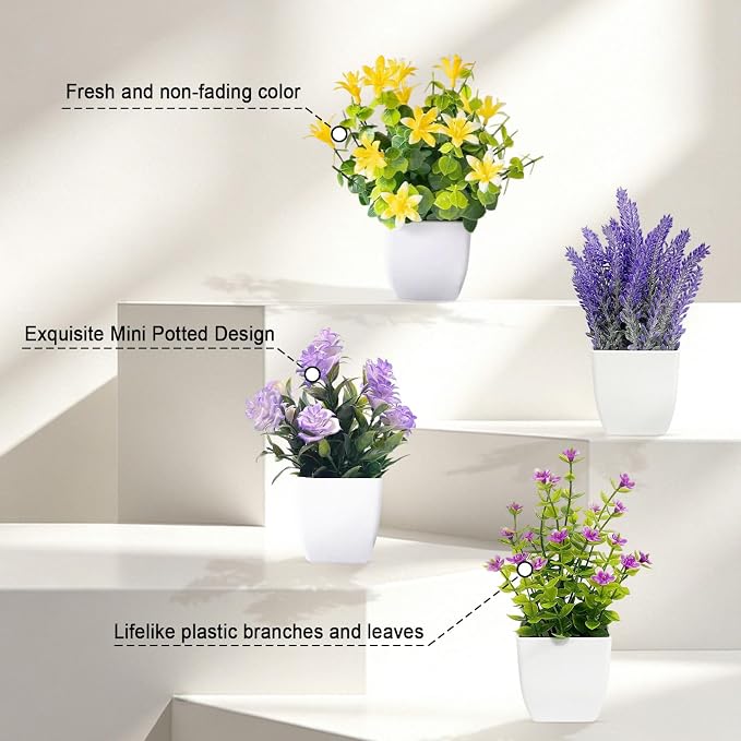 SZC&MFZ Mini Artificial Potted Flowers with Fake Plants, 4 PCS Faux Potted Plants for Room,Home, Bathroom, Bedroom, Living Room, Kitchen and Office Decoration.