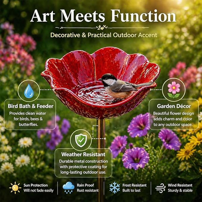 Handmade Metal Flower Garden Stake Metal, Decorative Bird Bath and Bee Watering Station with Flower Design for Outdoor Yard Garden Decor (Yellow)