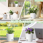 7/6.5/6/5.5/5/4 inch Self Watering Pots for Indoor Outdoor Plants, 6 Pack Plastic Flower Planters with Drainage Holes and Removable Saucers, Plant Pots with Wicking Rope, Modern Decor, White