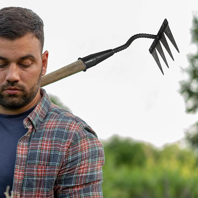 Garneck Heavy Duty Small Garden Rake with 4 Sharp Teeth, Reinforced Steel Manual Weeding Rake for Soil Turning and Lawn Leveling, Sturdy Hand Tool for Gardening and Landscape Care