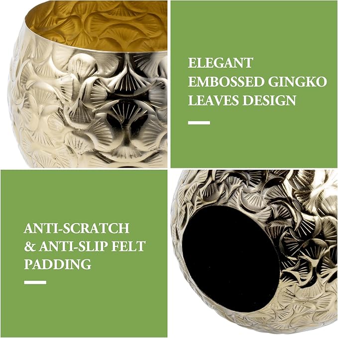 MyGift 5.5 inch Vintage Style Brass Tone Metal Embossed Ginkgo Leaf Design Planter Pot Bowl for Indoor Plants - Handcrafted in India