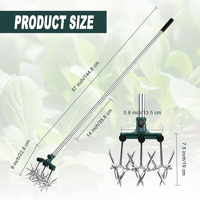 BARAYSTUS Rotary Cultivator Garden Rotary Tiller Adjustable Stainless Steel Poles Hand Tiller for Soil Mixing or Reseeding Grass Lawn Tiller Total Length 57 Inch