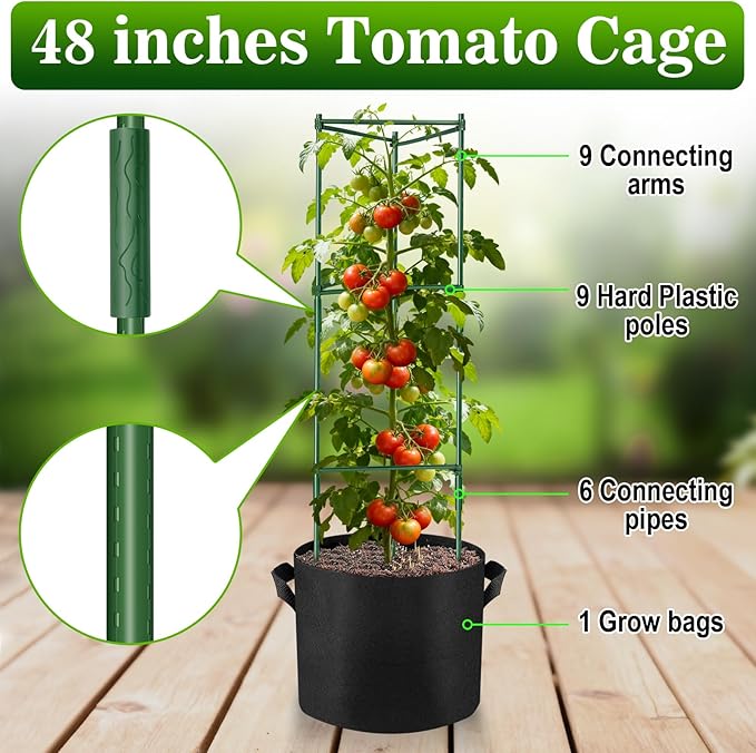 NNG 4 Packs 48 inches Tomato Cages with 10 Gallon Grow Bags,Garden Plant Support Cages,Plant Tower Stakes Garden Trellis for Climbing Plants,Tomato Plant Trellis for Vegetable Fruits Vines (4, Green)