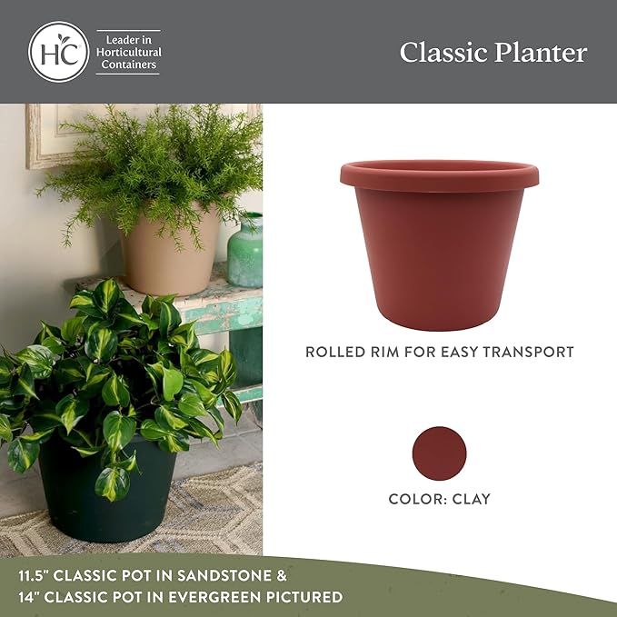 The HC Companies 14 Inch Classic Round Planter Pots with Drainage, Rolled Rim Plastic Planters for Indoor & Outdoor Plants, 2-Pack Decorative Flower Pots for Garden, Office & Home Decor, Clay