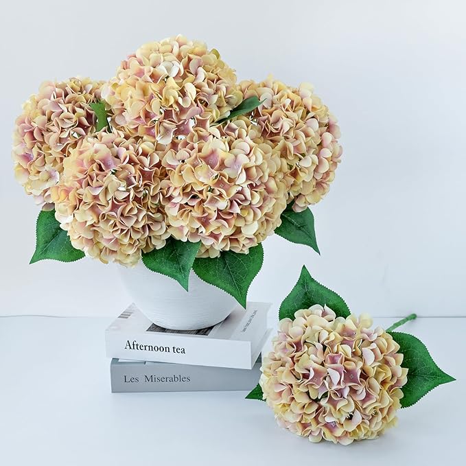 ZYTUYO 5 Pcs Champagne Mauve Silk Hydrangeas Artificial Flower Boho Dried Touch 20'' Faux Hydrangeas for Indoor Home Decor Kitchen Living Room Outdoor Porch Wedding Flower Arrangement