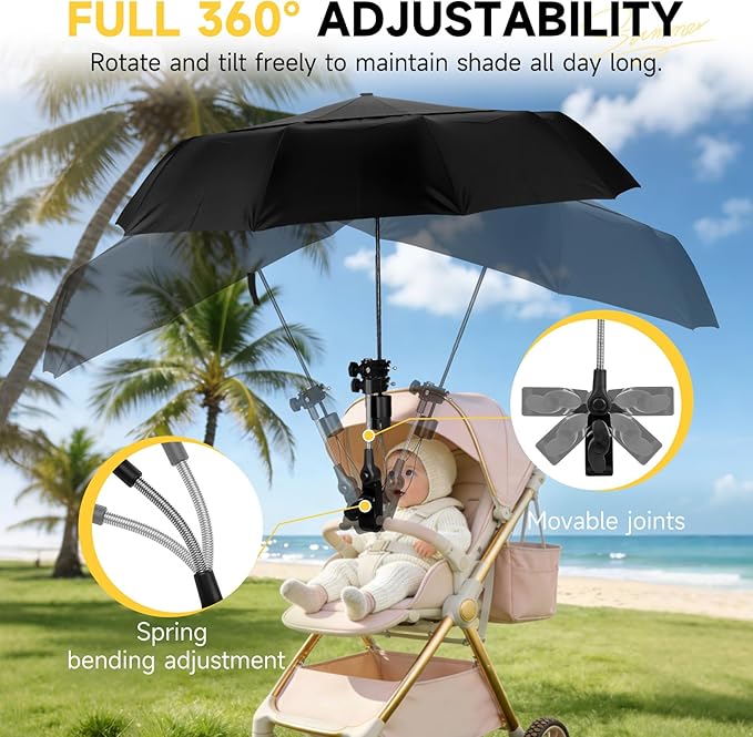 Chair Umbrella with Universal Clamp, Double Canopy Sunshade, Adjustable 360° Swivel, UPF 50+ UV Protection, Clip On Umbrella for Beach Chair, Camping Chair Patio, Stroller, Wheelchair Golf Cart 100cm/39.4in