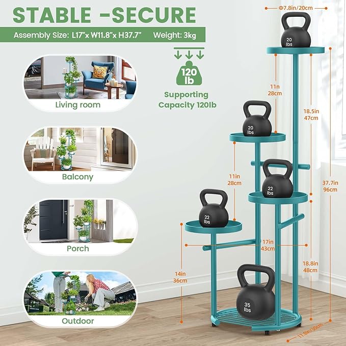 TOSKING 5-Tier Metal Plant Stand, Anti-Tip Round Base for Pots, Child & Pet Friendly, Space Saving Corner Shelf Flower Pot for Indoor Outdoor Use, Living Room Balcony Garden Patio Bedroom (Blue, 38in)