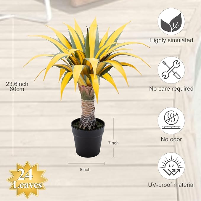 Artificial Green Edged Gold Leaf Spiny Agave Plant with 23 Leaves, 23.62in Faux Agave for Indoor & Outdoor Home Decor Perfect for Porch Living Room Bedroom Patio & Office