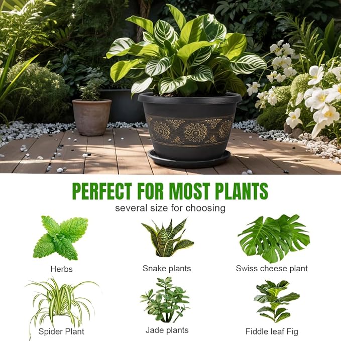 Usocik 4 Pack 12 inch Plant Pots, Retro Pattern Planters with Drainage Holes and Saucer, Sturdy Plastic Garden Flower Pots for Indoor & Outdoor Plants