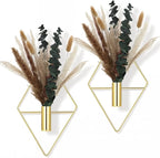 Jexine 4 Pcs Hanging Planters with Artificial Pampas Grass Metal Hanging Vase Indoor Plants Holder Modern Geometric Boho Bathroom Wall Decor for Living Room Home Office (Gloden)