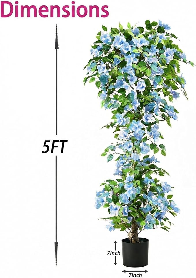 Artificial Bougainvillea Tree -5FT Faux Bougainvillea Tree with Realistic Flowers, Tall Fake Flower Tree for Indoor or Outdoor Decor, Silk Floral Plant for Living Room, Porch, Garden (Blue/White)