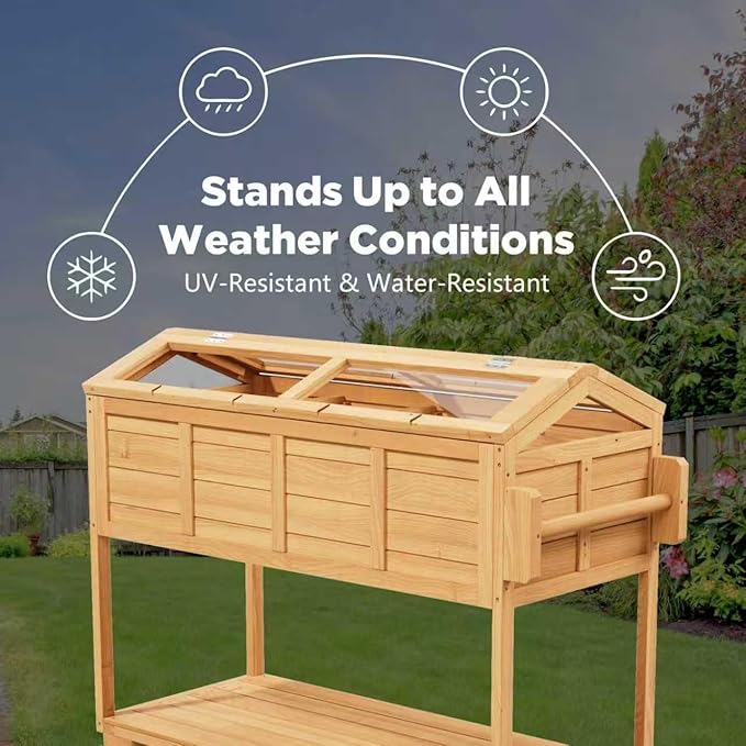Raised Herb Garden Planter Indoor Outdoor with Wheels for Basil, Parsley, Rosemary, Thyme & Mint , Wooden Seed Starter Grow Box with Cover, Gardening Gifts for Women, Mom, Plant Lovers (Wood)