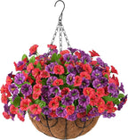 Homsunny Artificial Fake Hanging Flowers with Basket for Outdoors, Faux Silk Petunias Flower Spring Summer Decor UV Resistant Look Real Outside Patio Front Porch Decorations