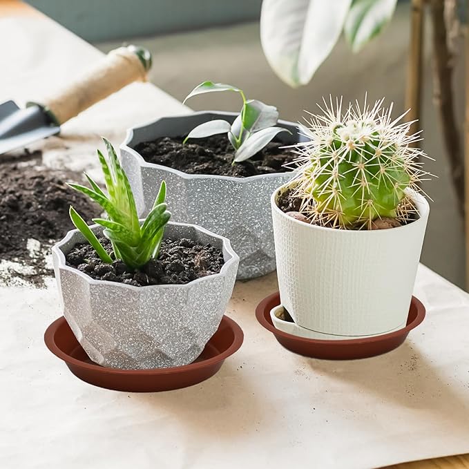 6pcs Terracotta Plastic Plant Saucers (4 inch) - Heavy Duty Indoor Plant Trays for Pots with Water Drainage, Drip Catcher & Decor (Set of 6 Round Saucers)
