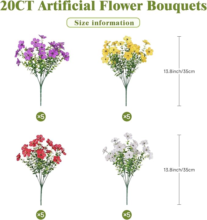 Alupssuc 20 Bundles Artificial Flowers for Outdoor Indoor Decoration, UV Resistant No Fade Fake Plants Eucalyptus, Colorful Faux Spring Flowers for Outside Yard Porch Patio Garden Home Window Box