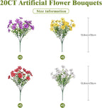 Alupssuc 20 Bundles Artificial Flowers for Outdoor Indoor Decoration, UV Resistant No Fade Fake Plants Eucalyptus, Colorful Faux Spring Flowers for Outside Yard Porch Patio Garden Home Window Box