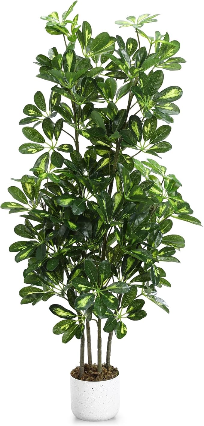 Garvee Artificial Umbrella Tree Plant, 4 ft Tall Faux Schefflera Tree in Black Pot, Large Fake Potted Decorative Plant for Indoor Home Office Decor, Housewarming Gift