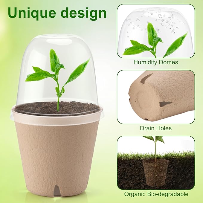 Baxrou 36 Set 3.15 Inch Peat Pots Plant Starters for Seedling with Humidity Dome,Herb Seed Starter Pots Kits, Garden Germination Nursery Pot wit 36 Plant Labels, 2 Transplant Tools.