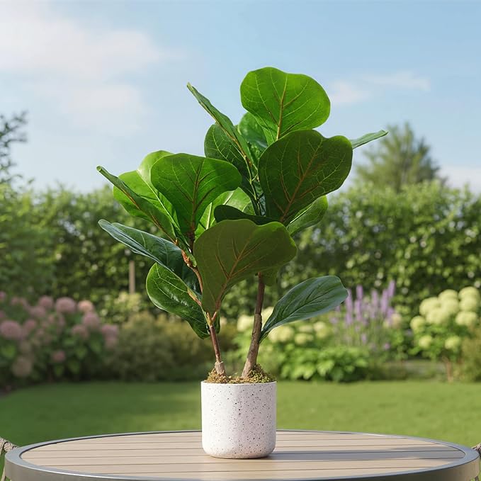 2 Set Fiddle Leaf Fig Fake Plants, 15.7" Faux Green Bonsai Tree with White Marble-Look Pot with Black Speckles, Cement Moss Base, Decorative Artificial Plants Indoor for Home & Office