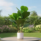 2 Set Fiddle Leaf Fig Fake Plants, 15.7" Faux Green Bonsai Tree with White Marble-Look Pot with Black Speckles, Cement Moss Base, Decorative Artificial Plants Indoor for Home & Office