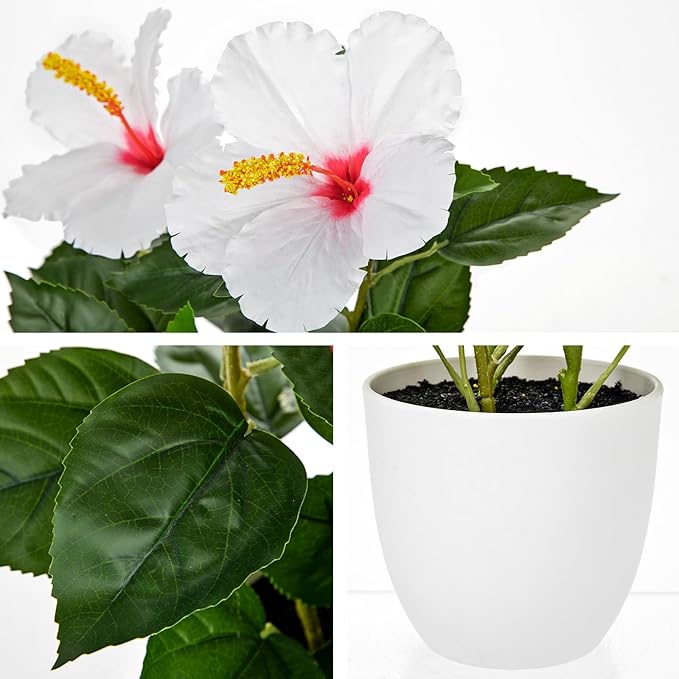 Briful Artificial Hibiscus Flowers in Pot, 14.5’’ Faux Hibiscus Plant, Spring Summer Flowers for Home Decor, Farmhouse Table Decor & Coffee Table Decor, Indoor Potted Fake Flower, White