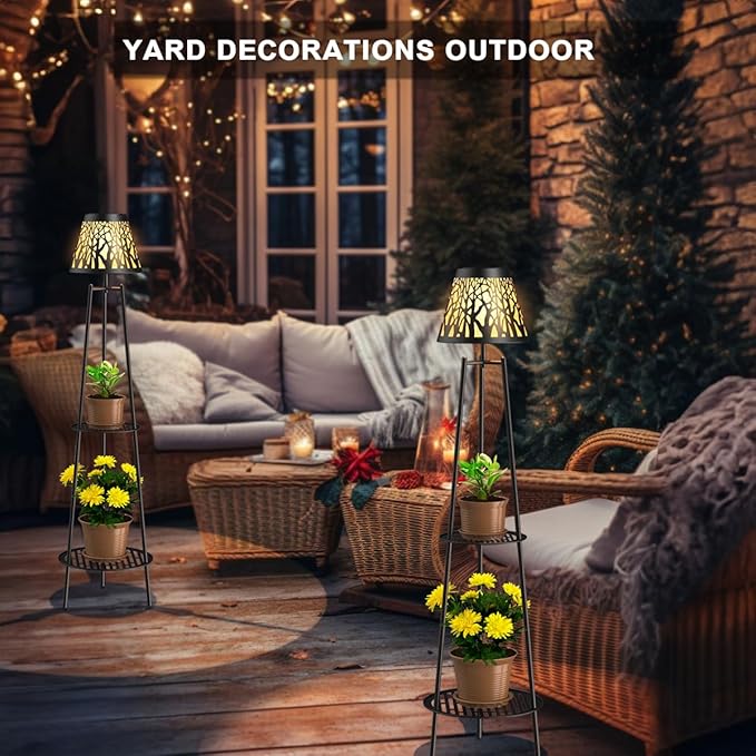 2 Pack Outdoor Solar Floor Lamp with Plant Stand, Waterproof Metal Garden Lights with 2-Tier Shelves, Decorative LED Cordless Patio Lamp for Porch, Deck, Balcony, Yard & Corner Decor (Bronze)