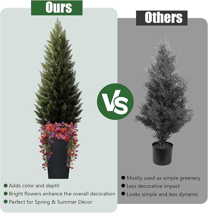 Artificial Topiary Cedar Trees 5FT Tall 2 Set with 12 Bundles Faux Silk Flowers, Outdoor Indoor Faux Pine Shrubs Plants, Fake Bushes Plants for Home Front Porch Door Patio