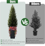 Artificial Topiary Cedar Trees 5FT Tall 2 Set with 12 Bundles Faux Silk Flowers, Outdoor Indoor Faux Pine Shrubs Plants, Fake Bushes Plants for Home Front Porch Door Patio