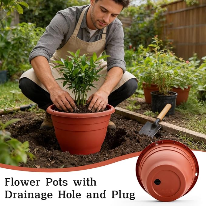 3 Pack 11 Inch Plant Pots Lightweight Planters with Drainage Holes,Durable Indoor & Outdoor Flower Pots for Garden,Patio & Home Decor(Pottery Red)