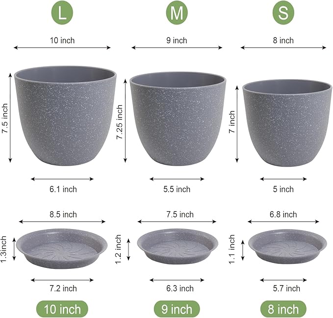 WSMKSZ 10/9/8 inch Plant Pots, Set of 3 Modern Decorative Plastic Planters with Drainage Holes and Saucers for Garden House Plants, Flower Pots for Indoor Outdoor Plants, Speckled Grey