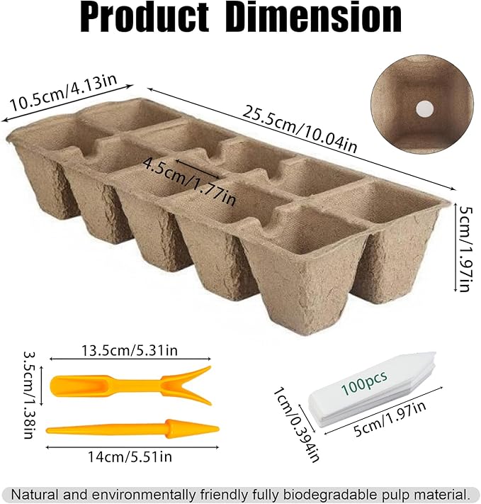 200 Cells Seed Entry Tray, 20 Packs Biodegradable Seedling Peat Pots, with 100 White Labels, Plant Starter Kit for Seedlings Biodegradable Peat Pots and 2 Planting Transplanters
