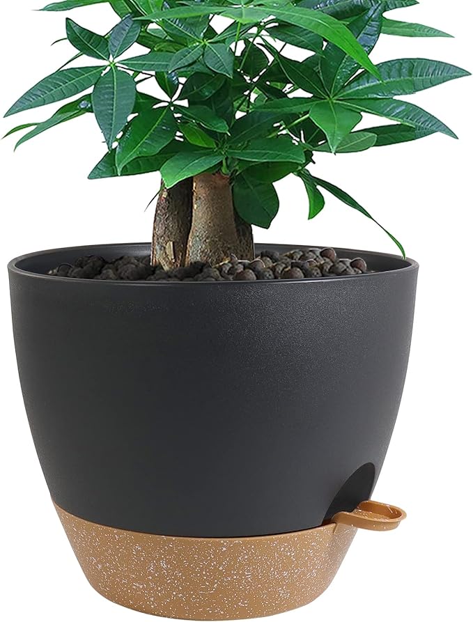 UOUZ 12 inch Large Self Watering Pots, Plastic Planters with 60oZ Removable Deep Reservoir and Multi Mesh Drainage Holes for Indoor Outdoor Garden Plants and Flowers, Black with Brown