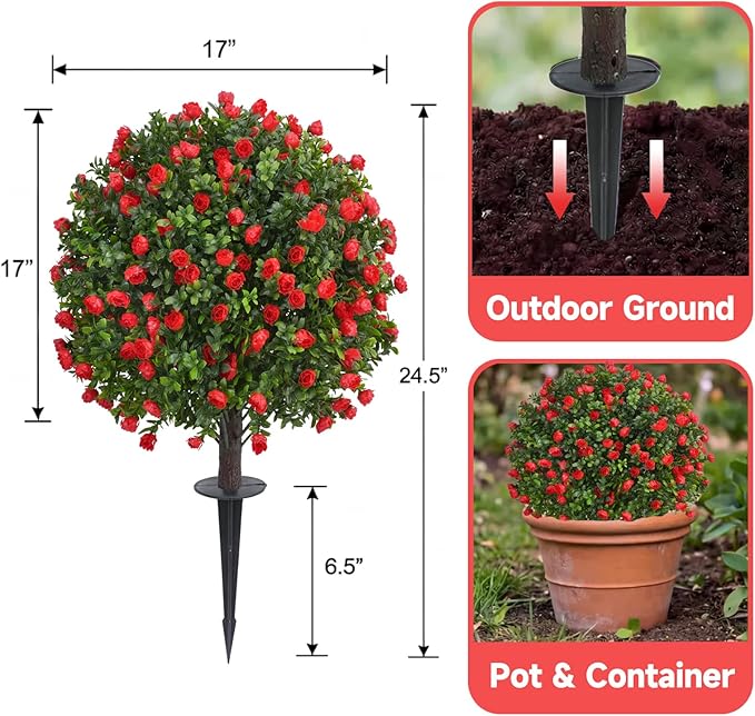 Dense Red Rose Artificial Topiary Ball Trees 24 Inch, Set of 2 Fake Plants with Ground Spike, UV Resistant No Fade Outdoor Faux Shrubs for Spring Garden, Patio, Porch, Yard, Indoor Decor
