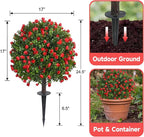 Dense Red Rose Artificial Topiary Ball Trees 24 Inch, Set of 2 Fake Plants with Ground Spike, UV Resistant No Fade Outdoor Faux Shrubs for Spring Garden, Patio, Porch, Yard, Indoor Decor
