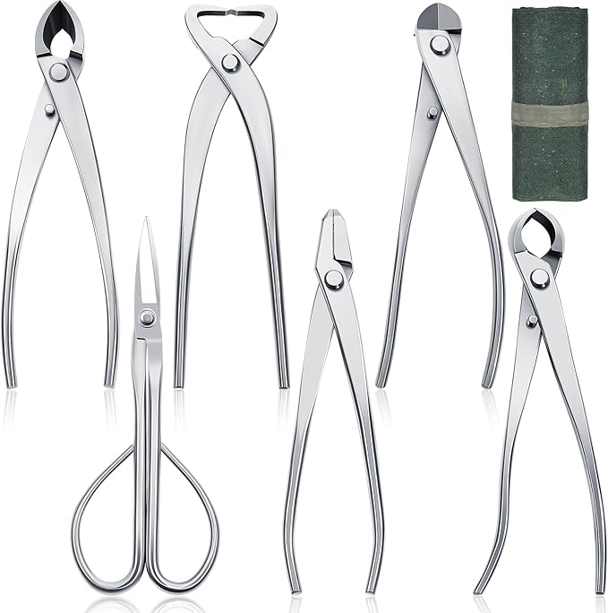 Nuogo 6 Piece Bonsai Tool Set with Roll Bag 8 Inch Heavy Duty Gardening Pruning and Care Kit Concave Knob Wire Cutter Trunk Splitter Jin Pliers Scissors