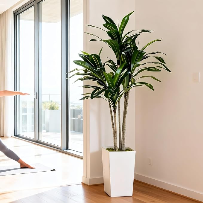 Artificial Dracaena Tree 5FT with White Tall Planter - Faux Tree Tall Fake Floor Plant in Pot-Artificial Plants Indoor for Home Office Living Room Décor (Dracaena 5ft)