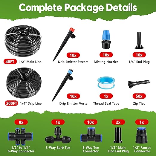 240FT Drip Irrigation System Kit Quick-Connect, Automatic Garden Watering System for Raised Garden Beds, Greenhouse, Yard, Lawn, Plant with 1/2 inch Hose 1/4 inch Distribution Tubing and Accessories
