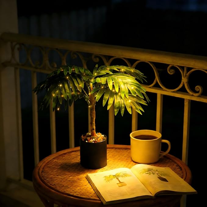 20'' Lighted Palm Tree Faux Plant with LED Lights - USB & Battery Box Powered - Artificial Palm Tree for Living Room, Home Decor, Indoor Decoration (Palm Leaf)