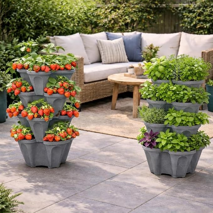 Vertical Garden Planter Stackable Tiered System 4 Plants per Pot, Space Saving Herb, Strawberry & Food Crop Planter with Center Support Hole for Indoor Outdoor Gardening (36, Slate Gray, Small)