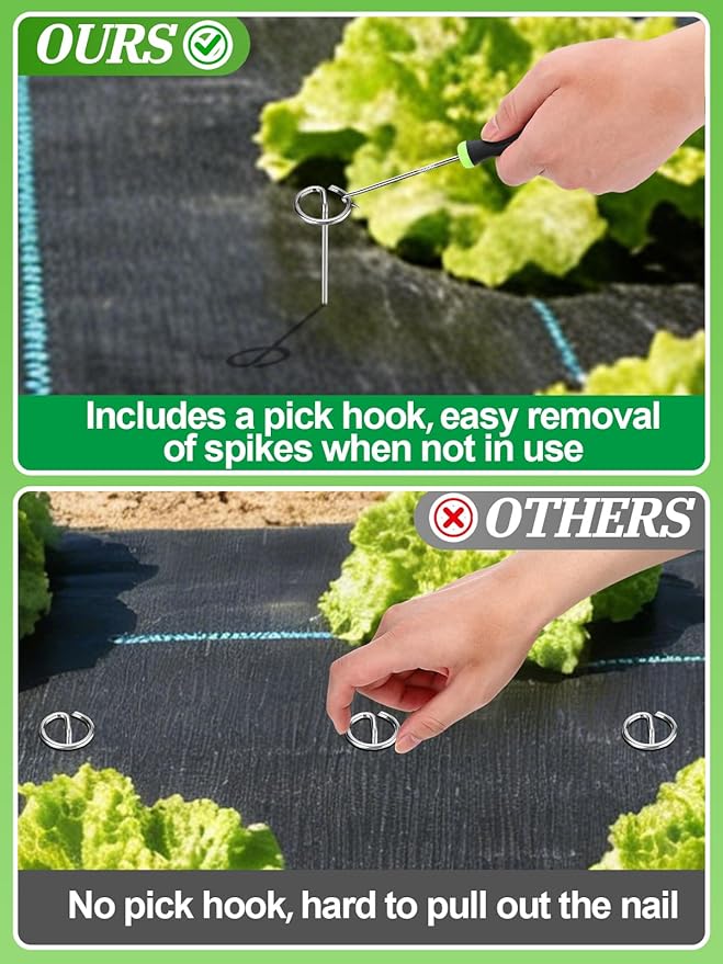 12 Inch Landscape Staples with Hook & Hammer - 120pcs Circle Top Weed Barrier Stakes Kit, 9 Gauge Galvanized Rust-Resistant Garden Fabric Pins, for SOD, Garden Edging, Install & Remove Tools Included