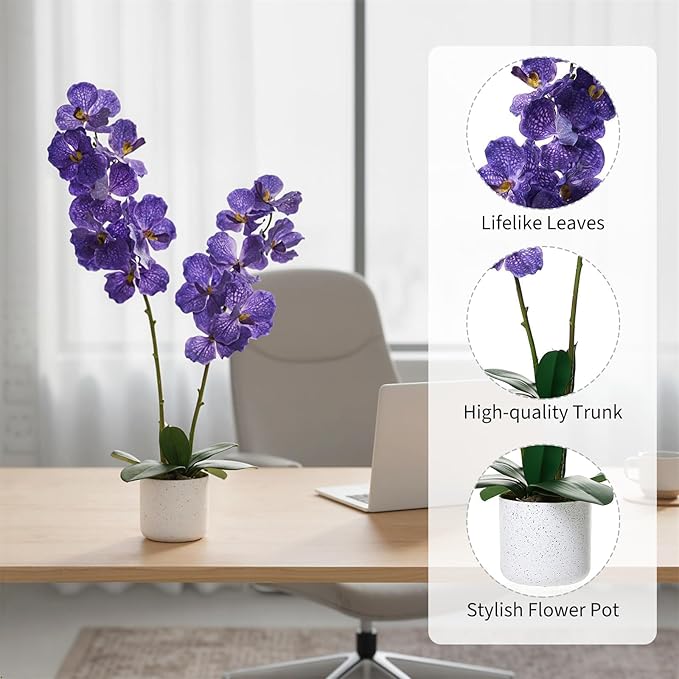 31" Artificial Orchid Flowers in White Planter, Realistic Faux Purple Plants with 14 Bloomings, Faux Phalaenopsis for Bathroom Kitchen Home Office Living Room Decor