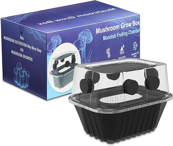 YANWEN Mushroom Growing Kit, Monotub Stackable Grow Box, Fruiting Chamber with FAE Filters, Indoor Use, 12.6 x 12.6 x 6.3 inches, Clear and Black