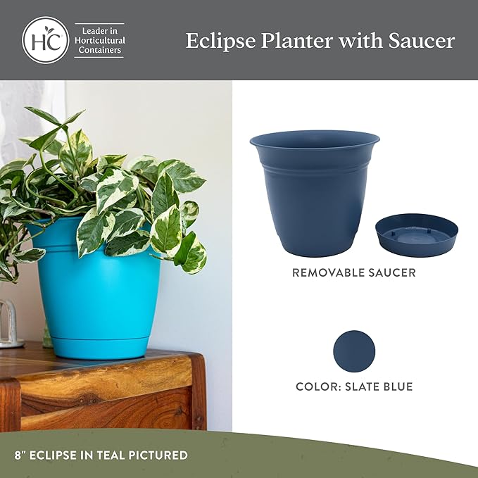 The HC Companies 20 Inch Eclipse Round Planter Pots with Drainage Holes & Attached Saucer, Lightweight UV-Resistant Plastic Indoor & Outdoor Planters, 2-Pack Flower Pots, Garden Home Decor, Slate Blue