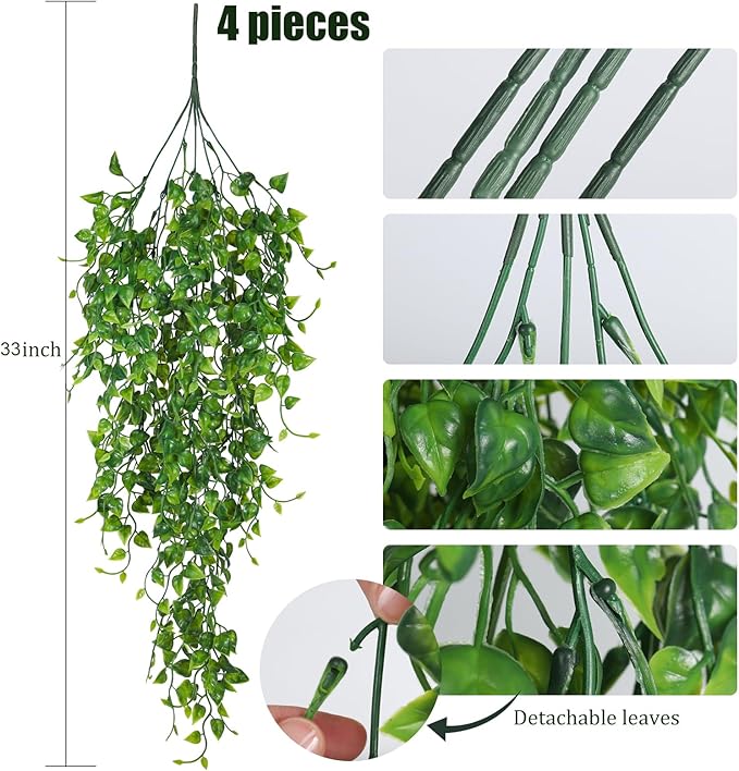 RECUTMS Artificial Hanging Plants 4pcs 33Inch Fake Wall Plant Faux Eucalyptus Leaves Ivy Swag UV Resistant Plastic Greenery Indoor Outdoor Home Garden Wedding Jungle Party Patio Office Shelf Decor