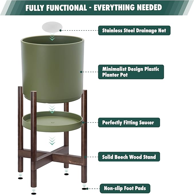 D'vine Dev Planter Pot with Stand - 16 Inch Plastic Cylinder Flower Pot with Wood Planter Holder for Indoor, Olive Pot + Walnut Color Stand, 55-C-X-3