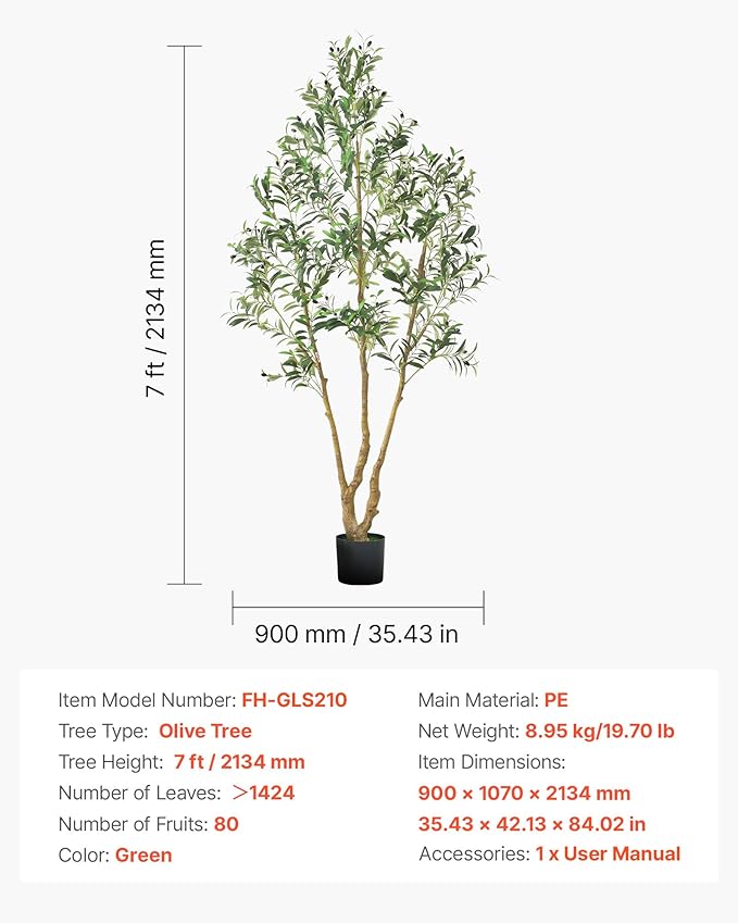 VEVOR 7FT Artificial Olive Tree with Black Pot, Tall Fake Tree with Natural Wood Trunk & Realistic Green Leaves and Fruits, Indoor Faux Plant for Home, Office, Living Room, Corner Decor