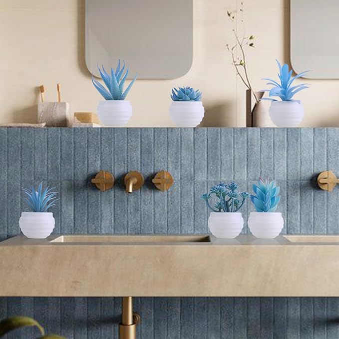 GREENTIME 6 Pcs Blue Artificial Succulent Plants in Mini White Plastic Pots Small Fake Succulent Plant Faux Indoor Decor Bedroom Desk Bathroom Office Living Room Table Shelf Home Decoration