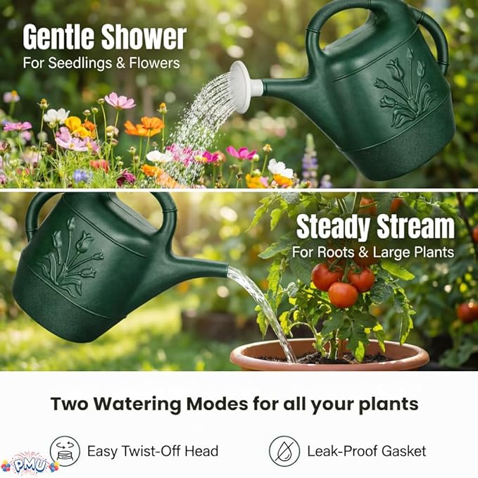 PMU 2 Gallon Watering Can - Garden Watering Can for Indoor & Outdoor Plants - Plastic Water Can with Detachable Sprinkler Head - Large Water Pot, Made in USA - Hunter Green Pkg/1